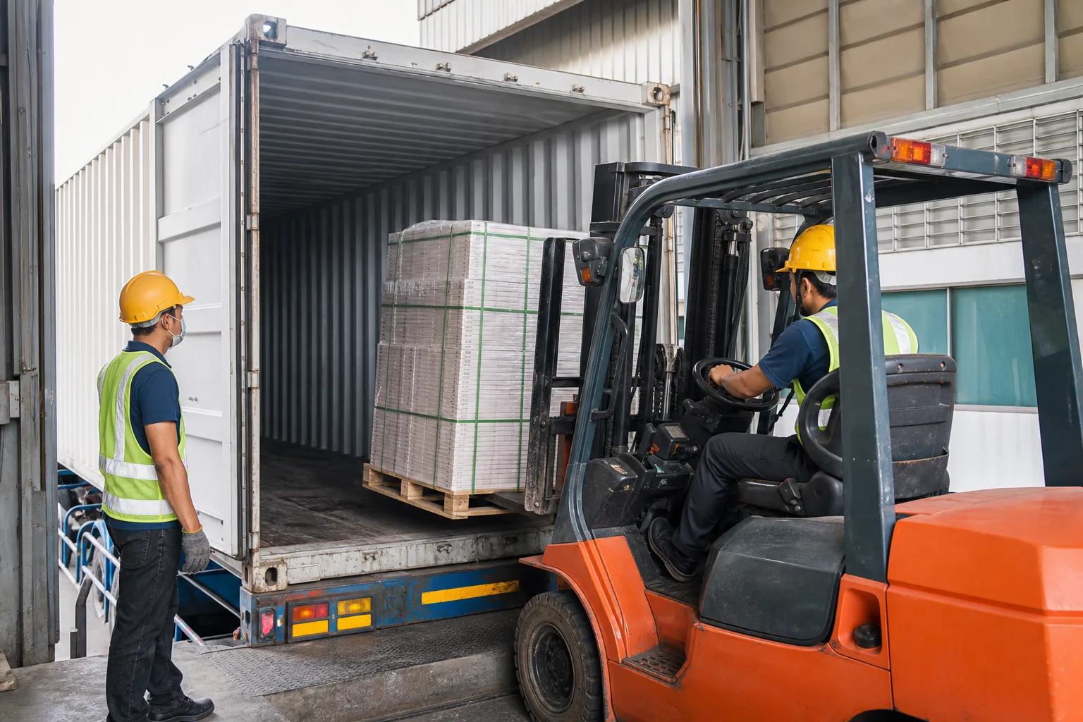 Palletized ceramic products prepared for container loading
