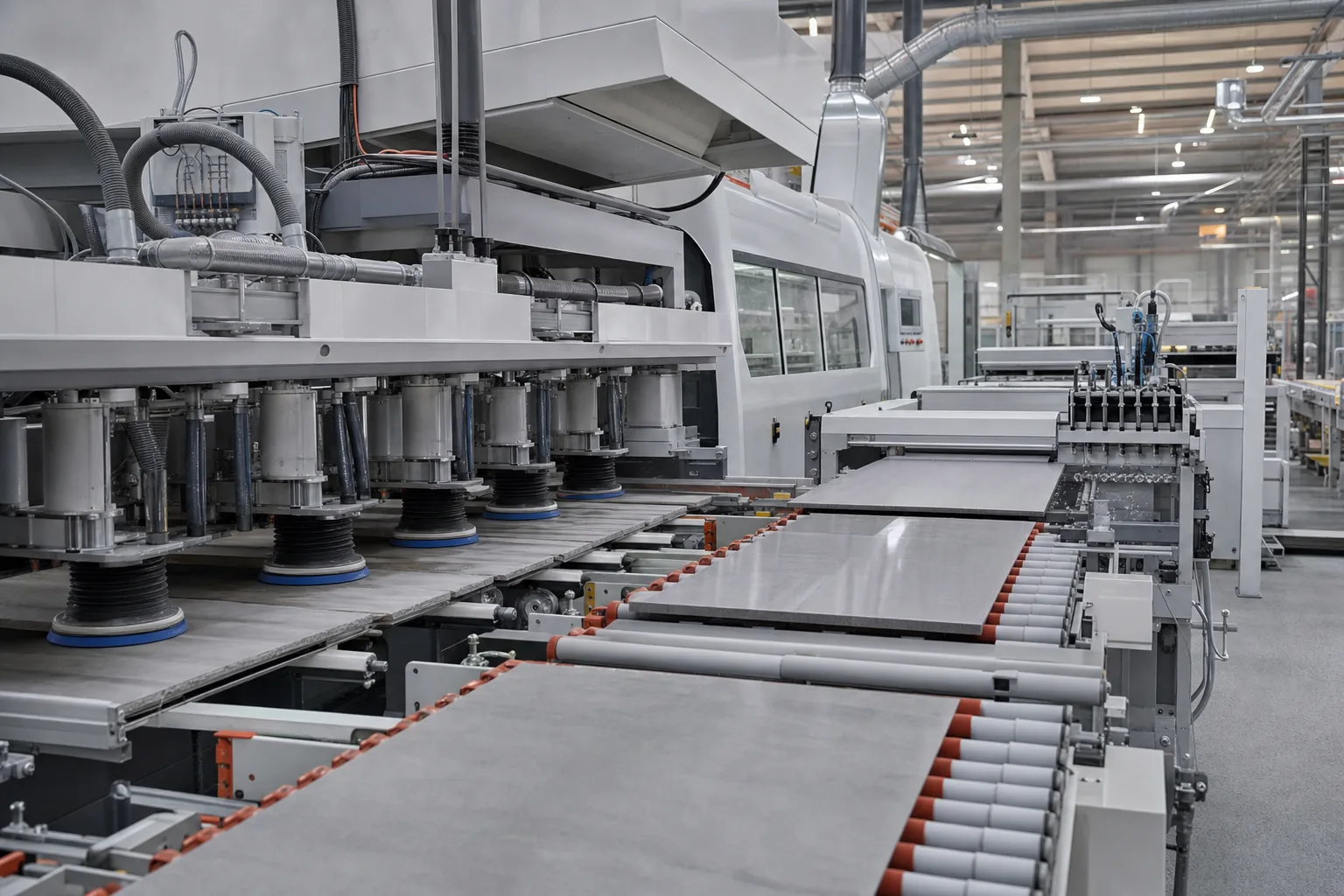 Automated ceramic tile finishing and surface processing line