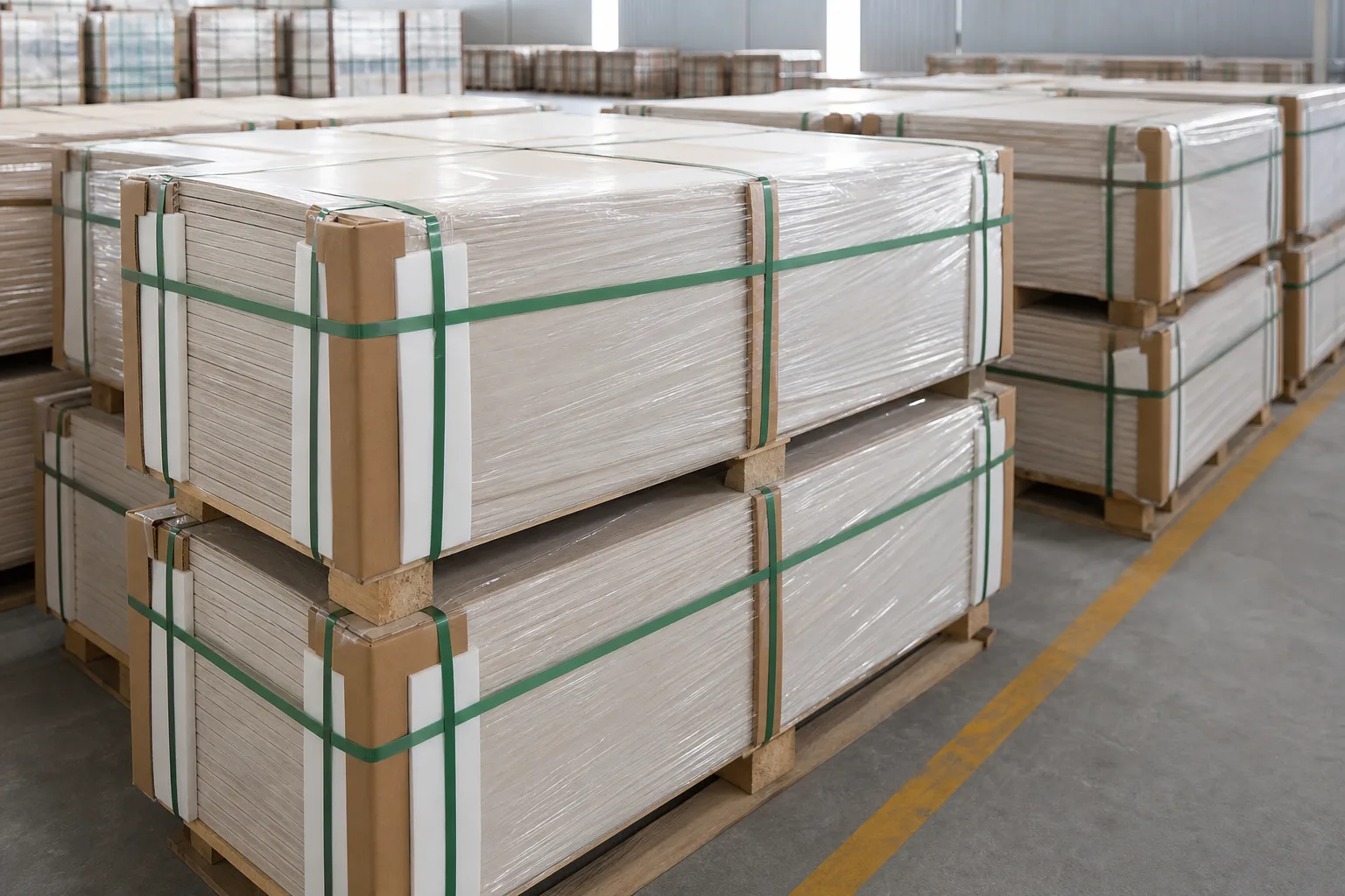 Securely wrapped and strapped ceramic tile bundles